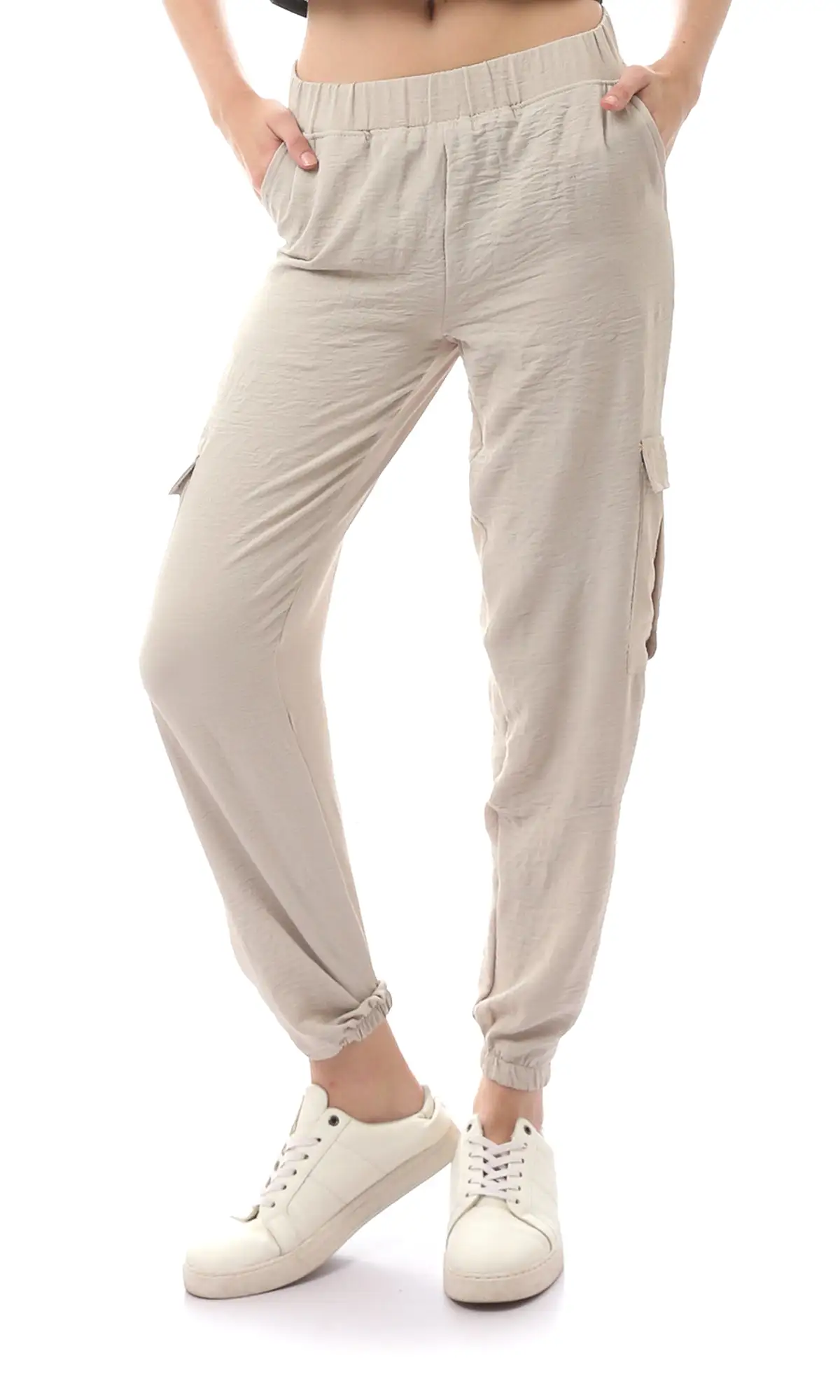 O170596 Beige Comfy Elastic Waist With Hem Trousers