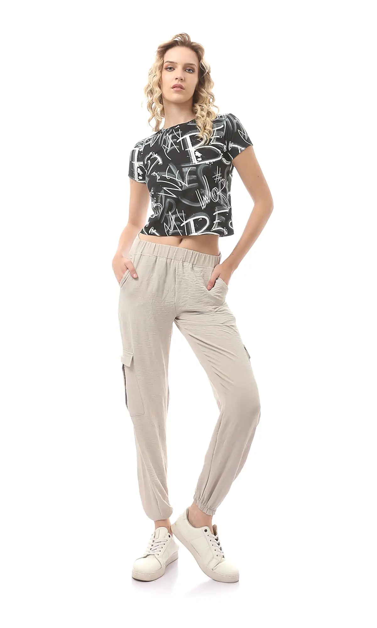 O170596 Beige Comfy Elastic Waist With Hem Trousers