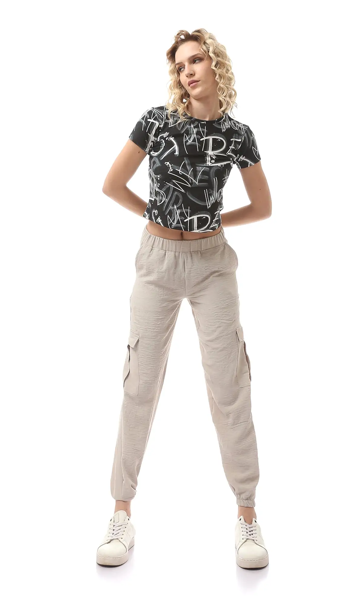 O170596 Beige Comfy Elastic Waist With Hem Trousers