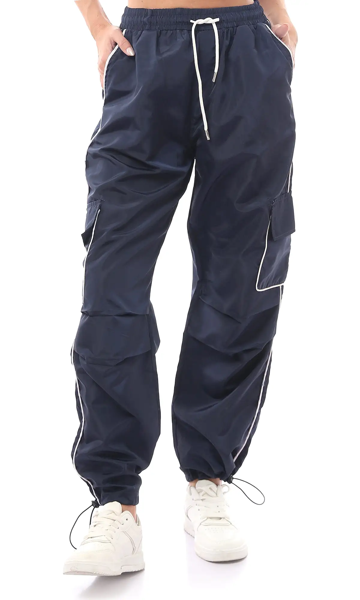 O170608 Slip On Navy Blue Cotton Trousers With Drawstrings