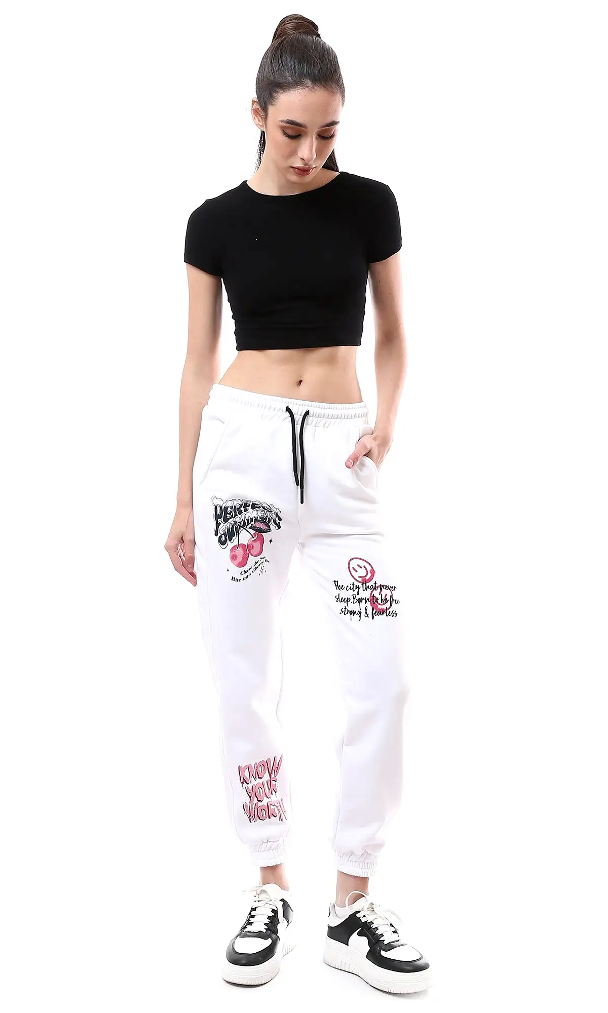 O176247 Off-White Printed Slip On Jogger Pants With Hem