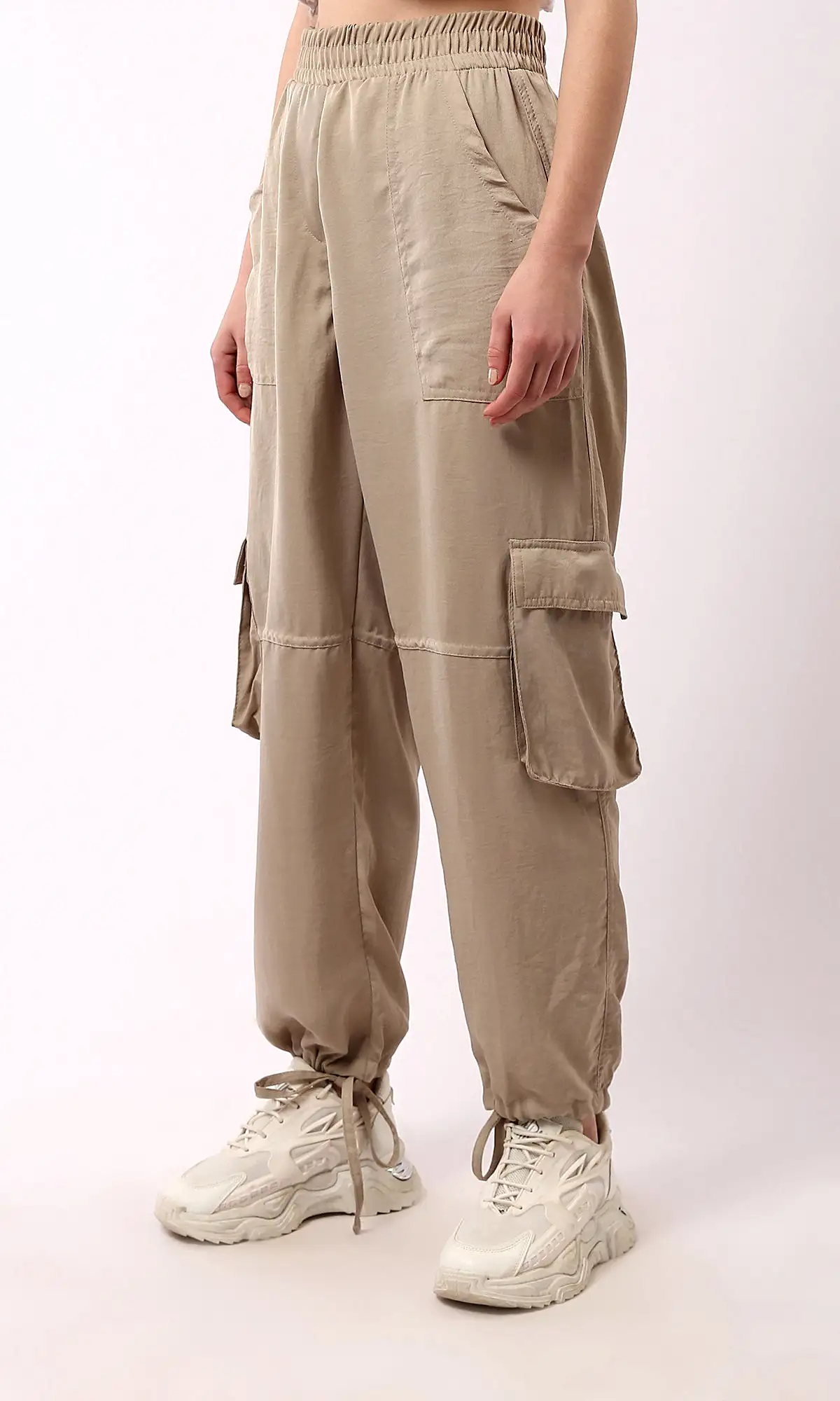 O179137 Wide Elastic Waist Dark Beige Jogger Pants