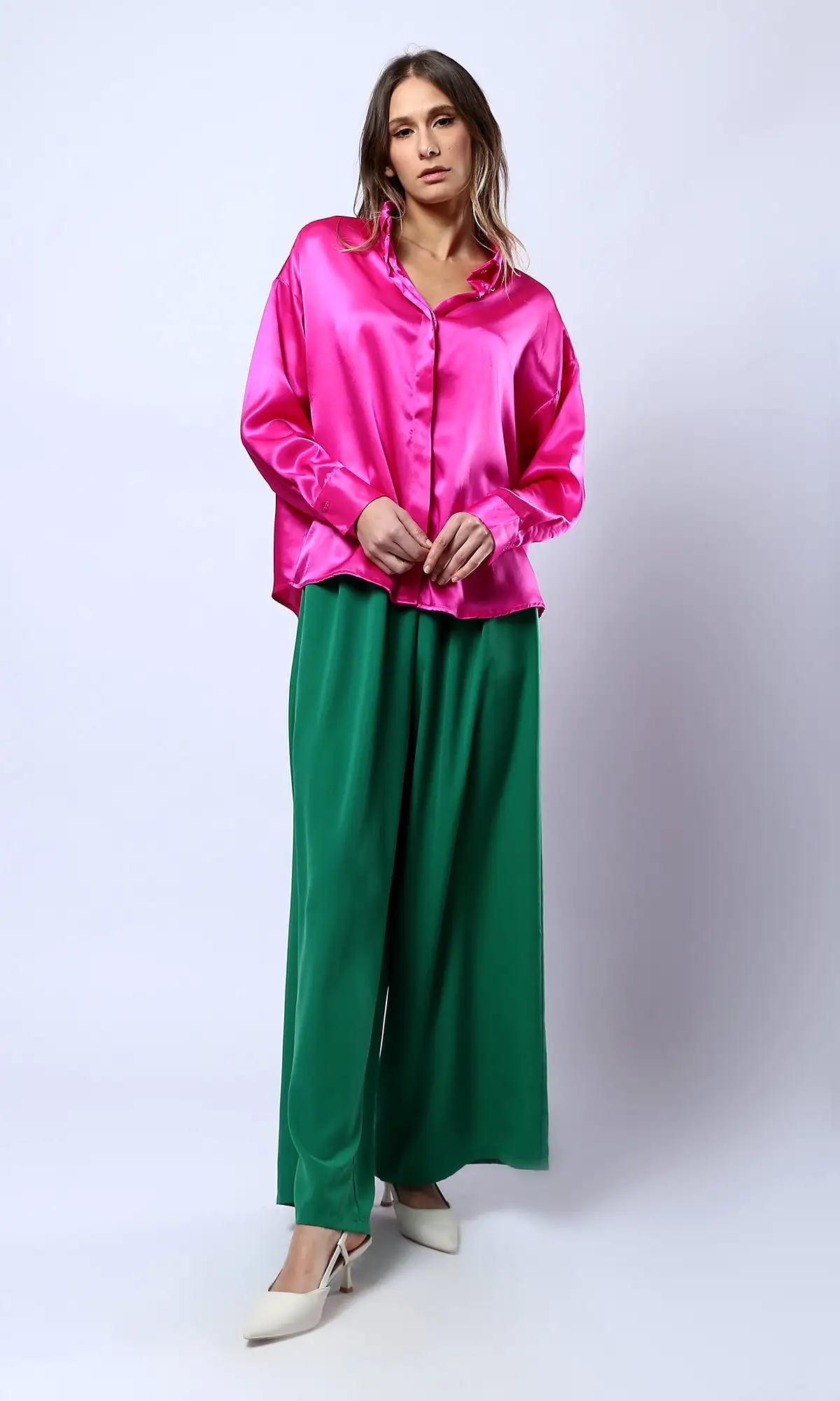 O179826 Elastic Waist Slip On Green Wide Pants