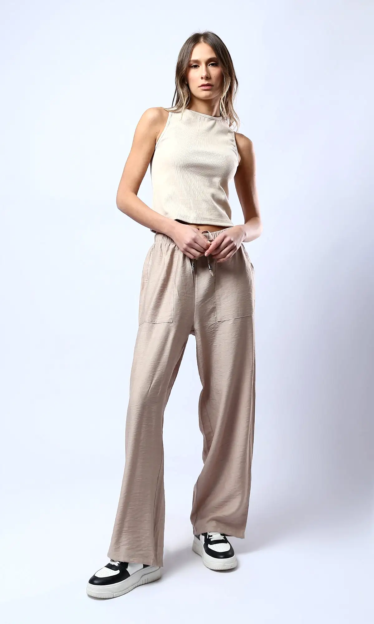 O179836 Light Coffee Fluffy Wide Leg Casual Pants