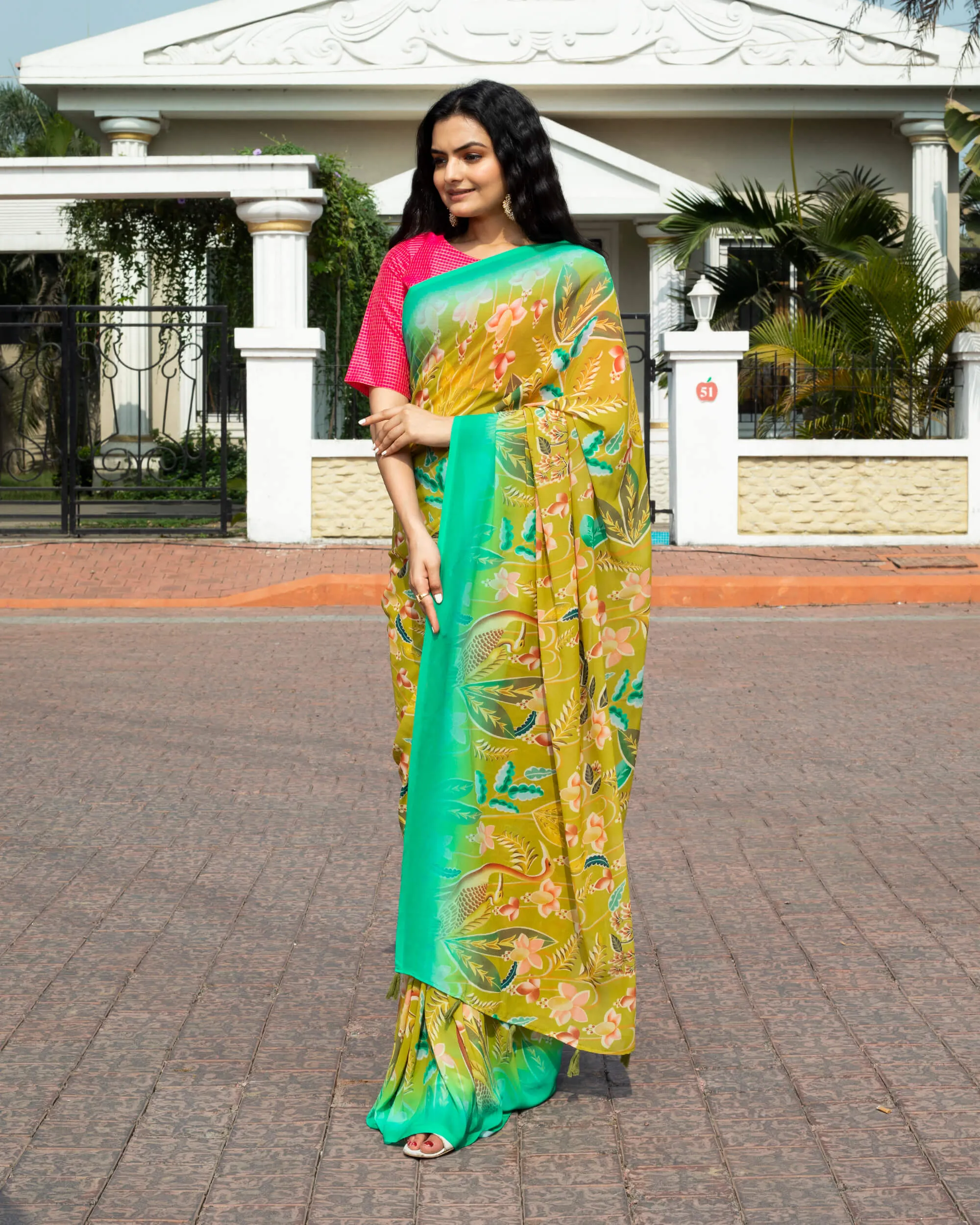 Olive Green And Pink Floral Pattern Digital Print Georgette Pre-Draped Saree With Tassels