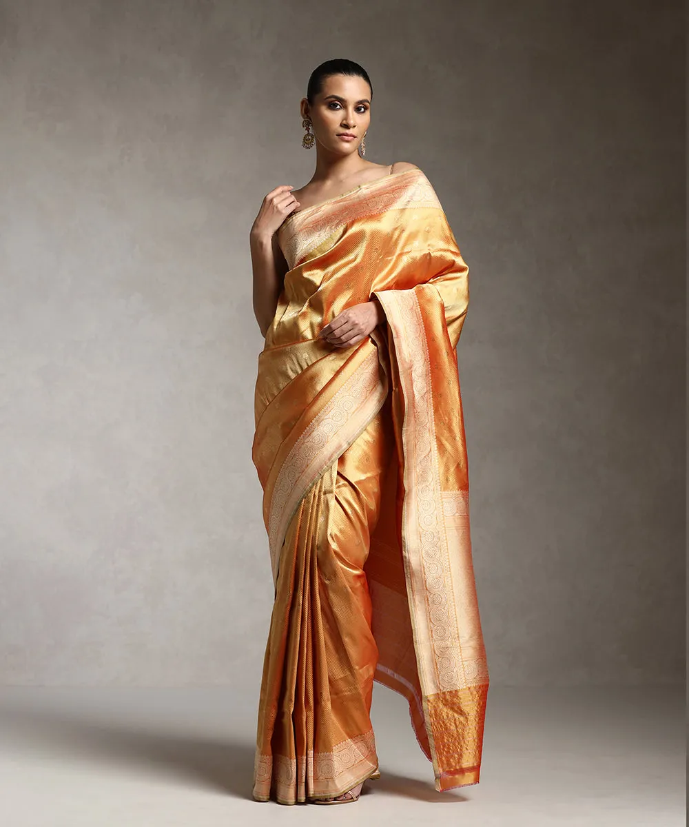 Orange And Gold Handloom Pure Katan Silk Zari Tanchoi Banarasi Saree