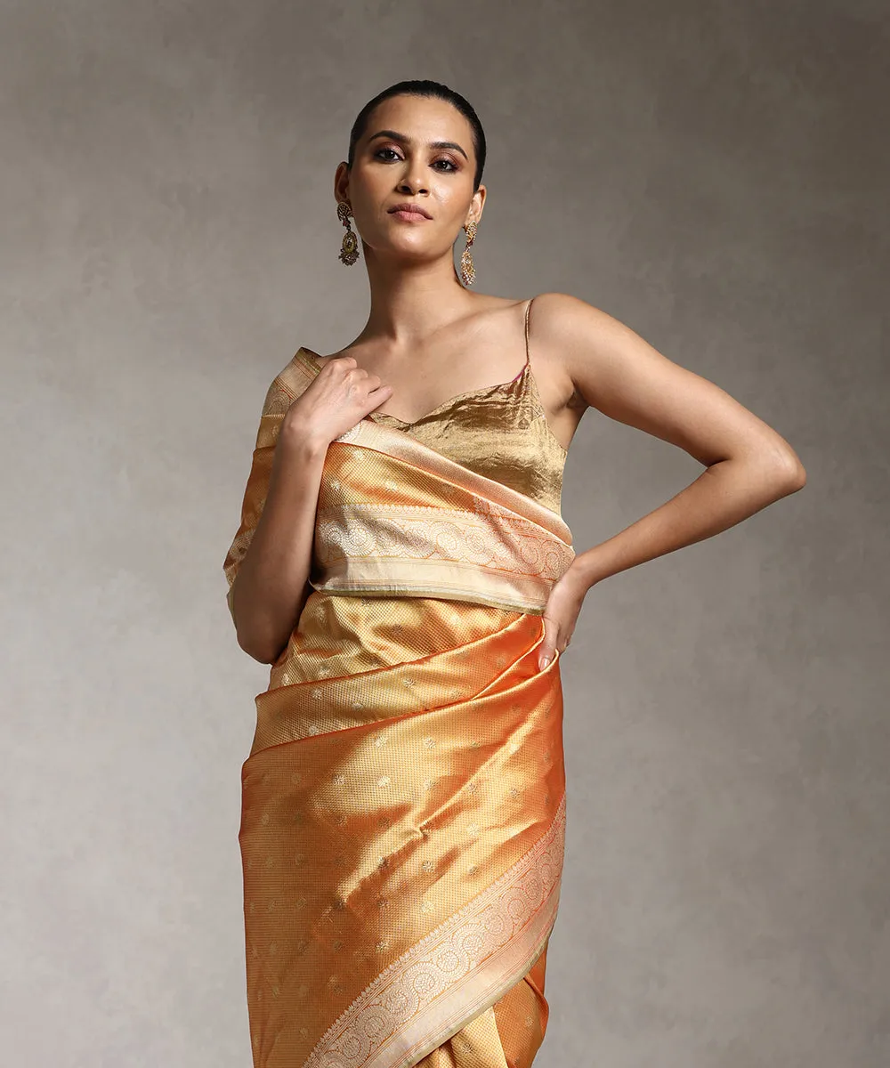 Orange And Gold Handloom Pure Katan Silk Zari Tanchoi Banarasi Saree