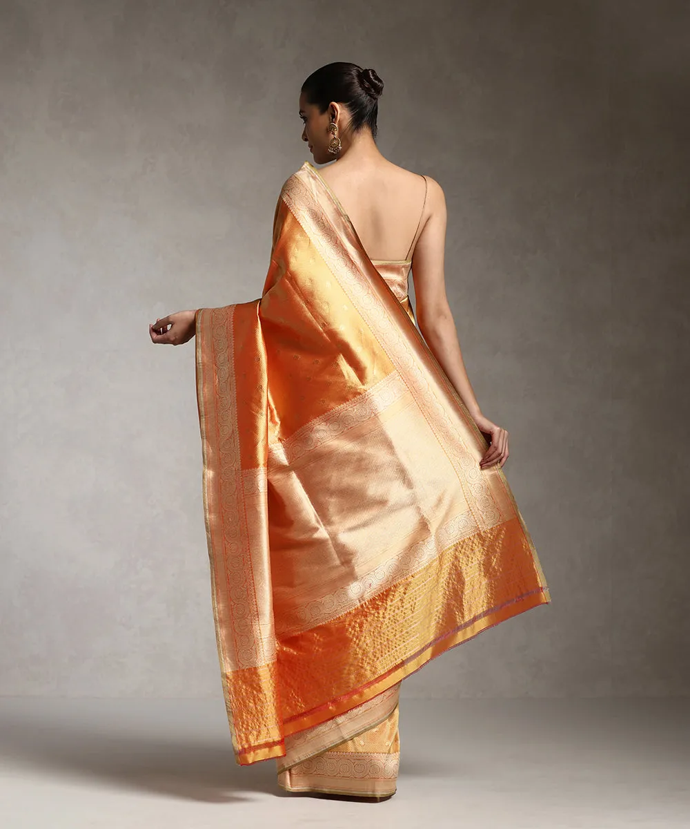 Orange And Gold Handloom Pure Katan Silk Zari Tanchoi Banarasi Saree