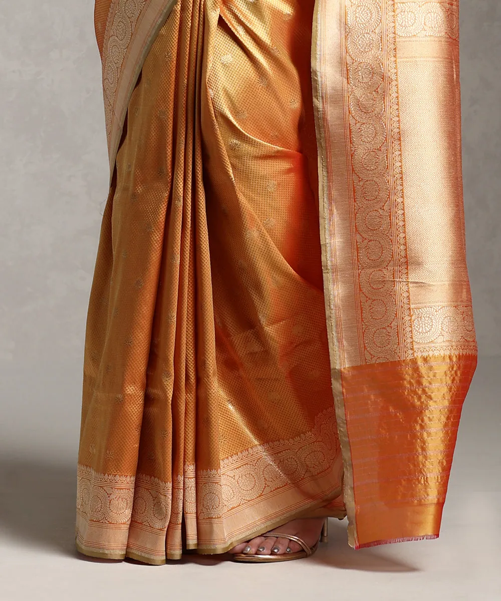 Orange And Gold Handloom Pure Katan Silk Zari Tanchoi Banarasi Saree