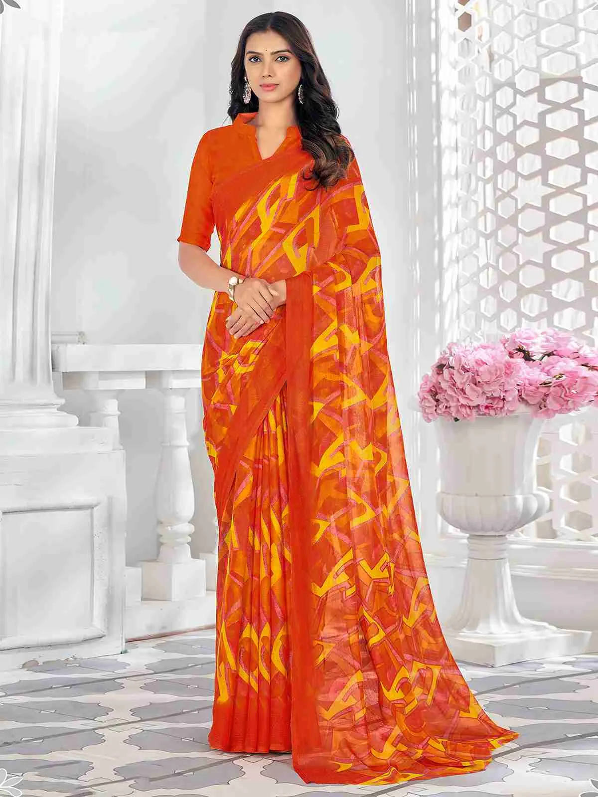 Orange Chiffon Printed Saree