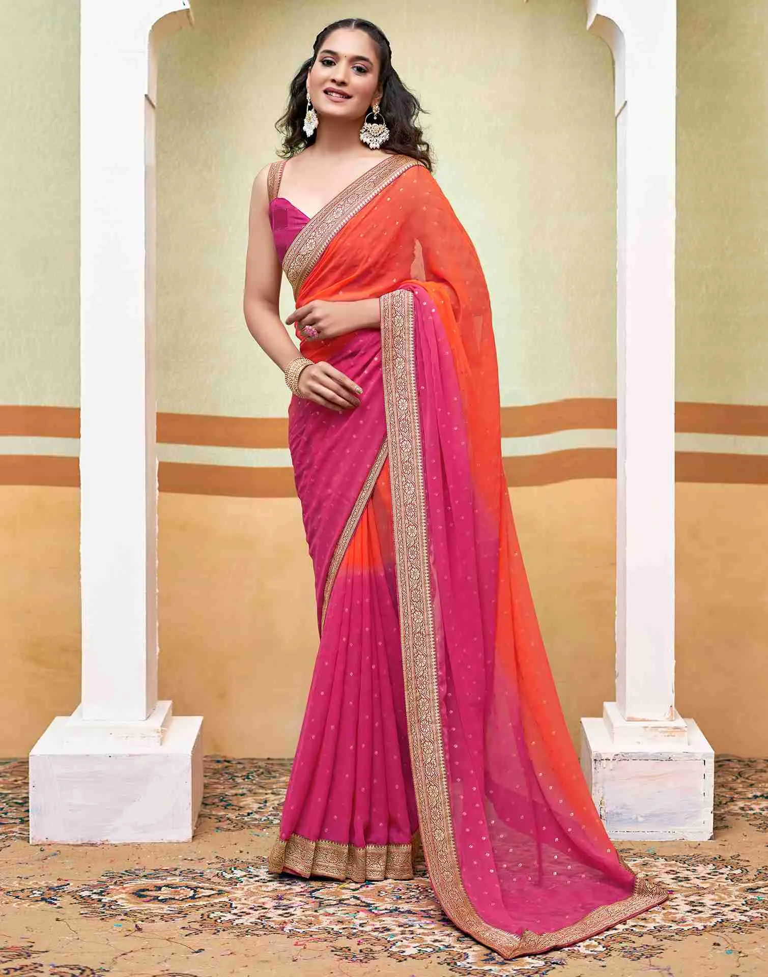 Orange Georgette Plain Saree