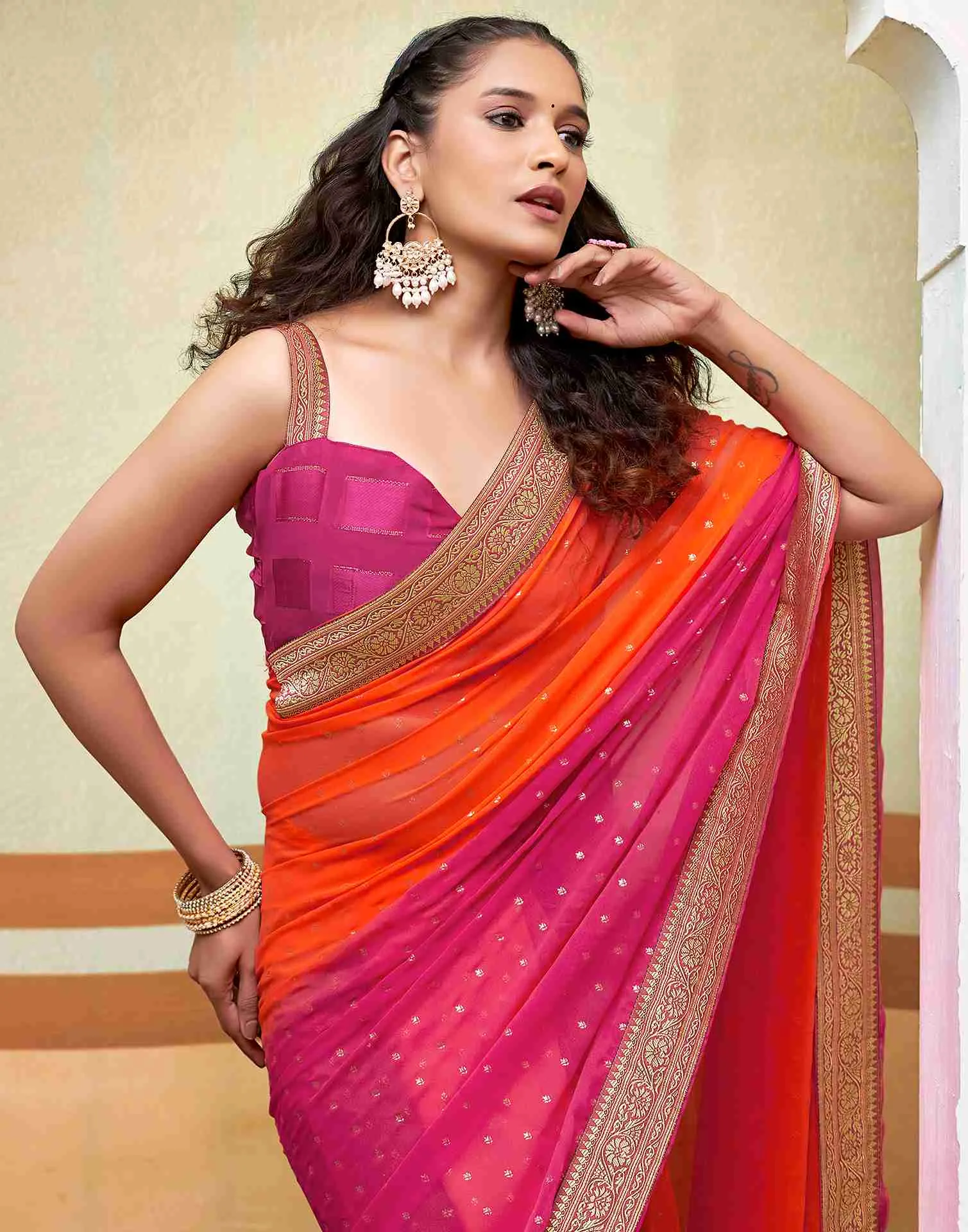 Orange Georgette Plain Saree