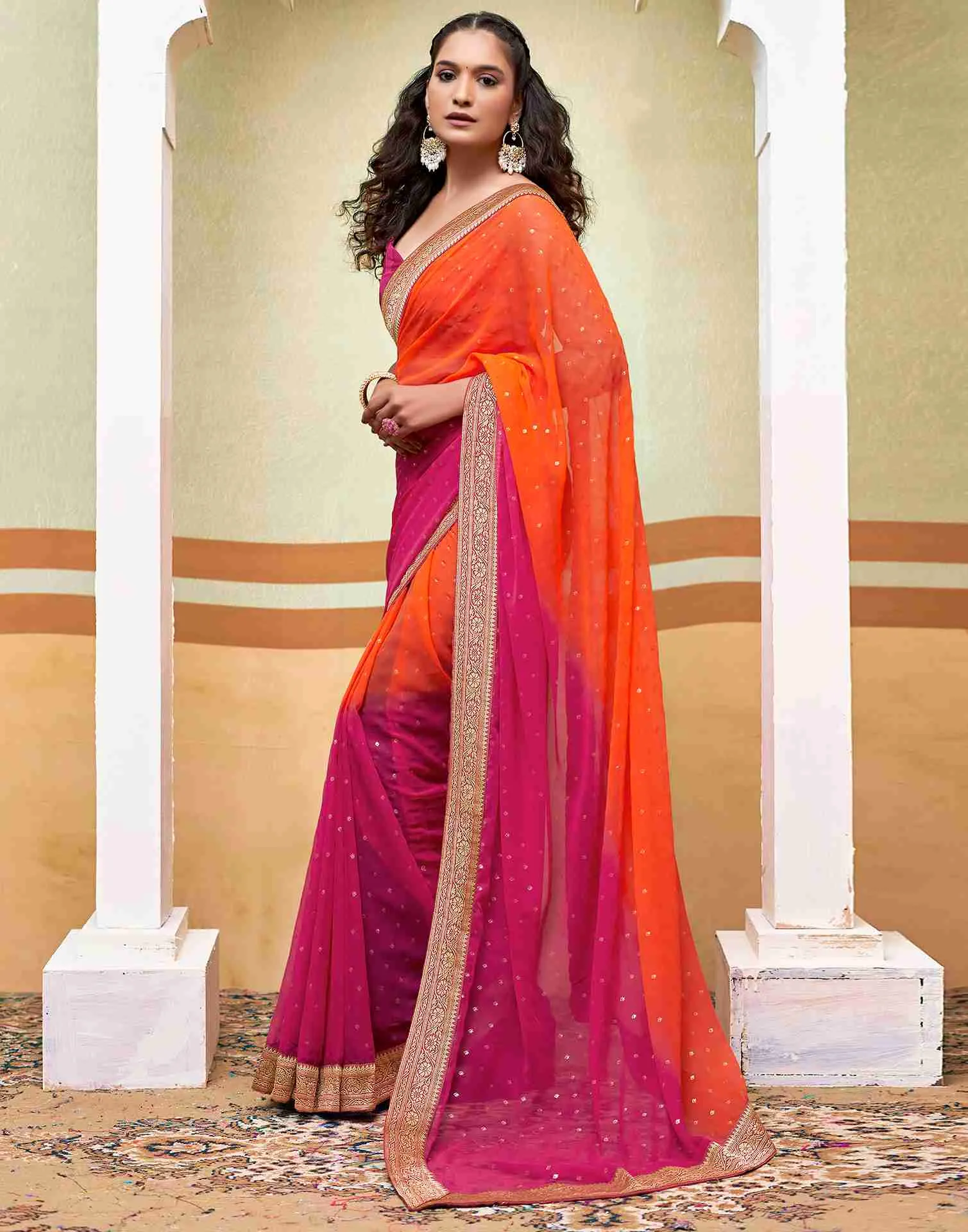 Orange Georgette Plain Saree