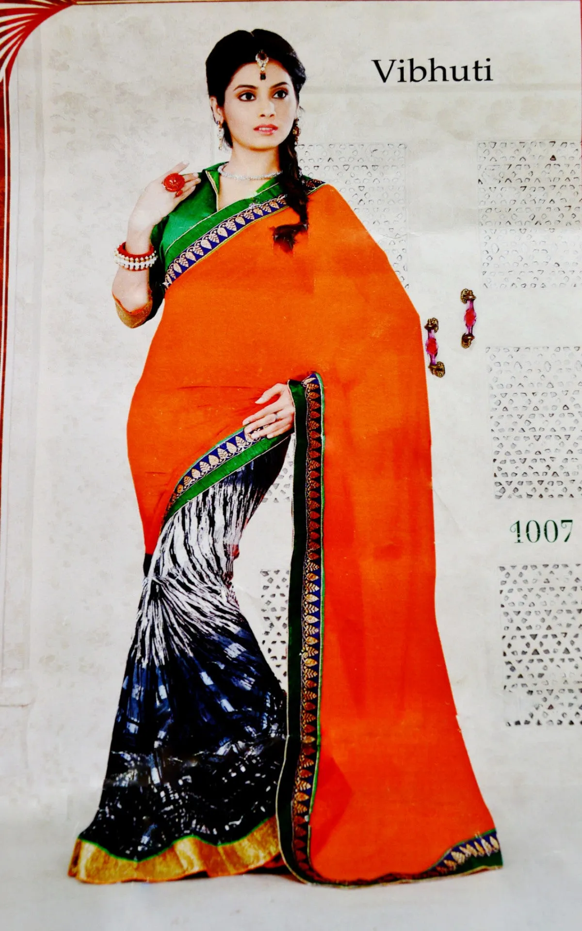 Orange ,Green & Black Fancy Party Wear Saree