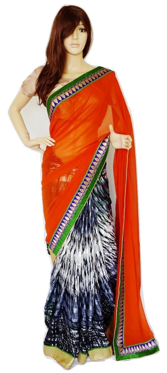 Orange ,Green & Black Fancy Party Wear Saree