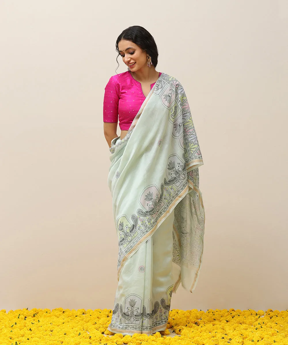 Pastel Green Handloom Chanderi Handpainted Madhubani Saree With Peacock Motifs