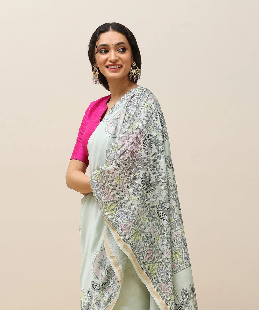 Pastel Green Handloom Chanderi Handpainted Madhubani Saree With Peacock Motifs