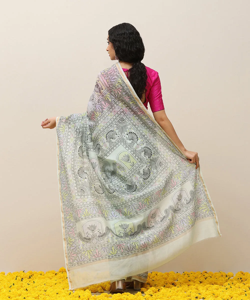 Pastel Green Handloom Chanderi Handpainted Madhubani Saree With Peacock Motifs