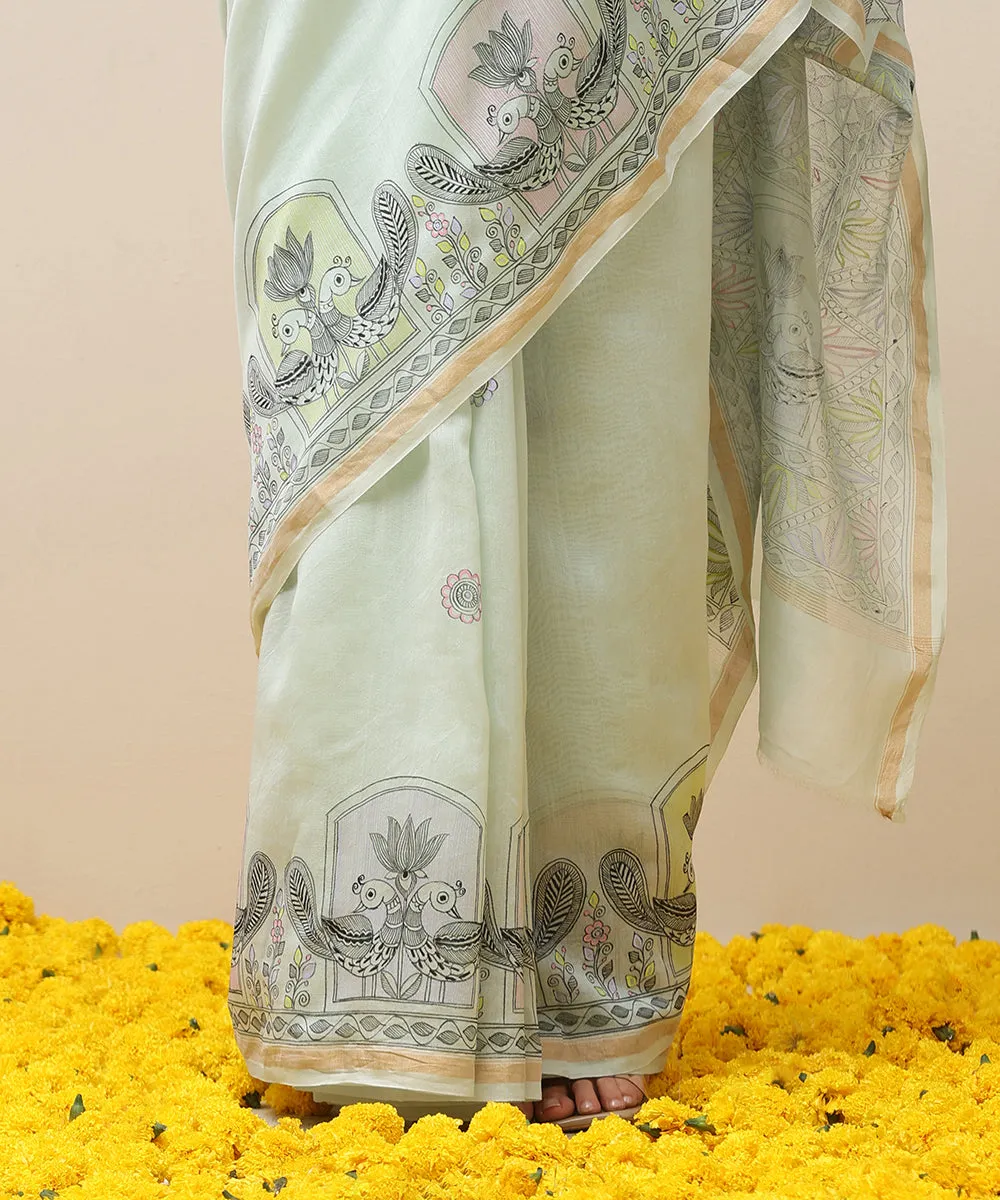 Pastel Green Handloom Chanderi Handpainted Madhubani Saree With Peacock Motifs