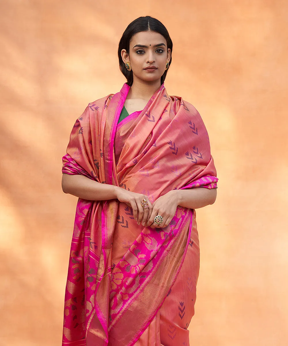 Peach And Pink Handloom Pure Mulberry Silk Ikat Patola Saree With Tissue Border