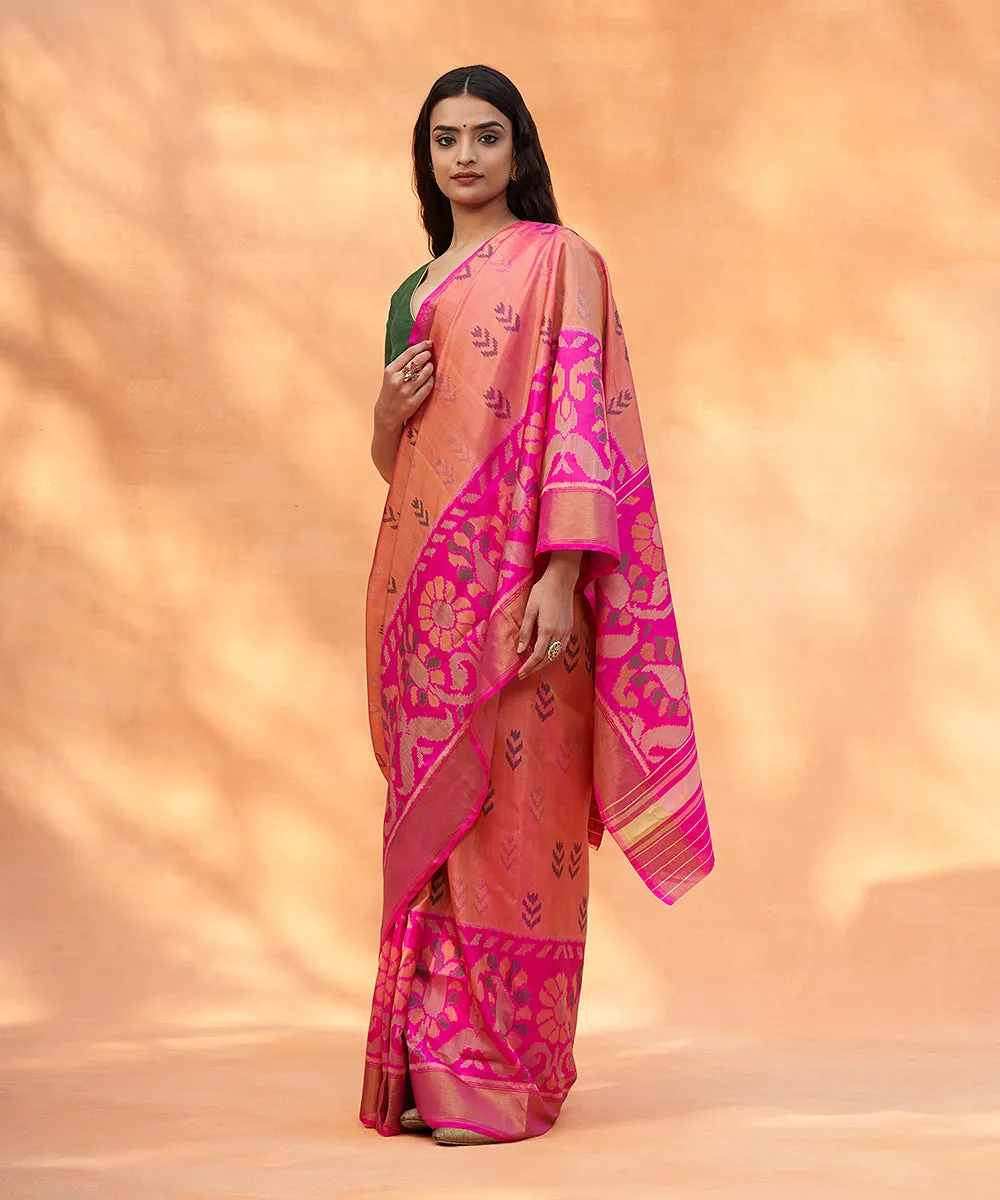 Peach And Pink Handloom Pure Mulberry Silk Ikat Patola Saree With Tissue Border