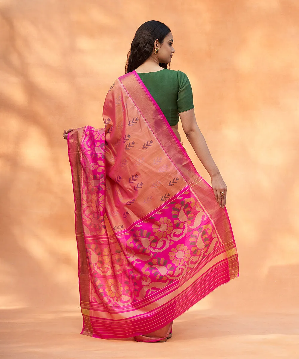 Peach And Pink Handloom Pure Mulberry Silk Ikat Patola Saree With Tissue Border