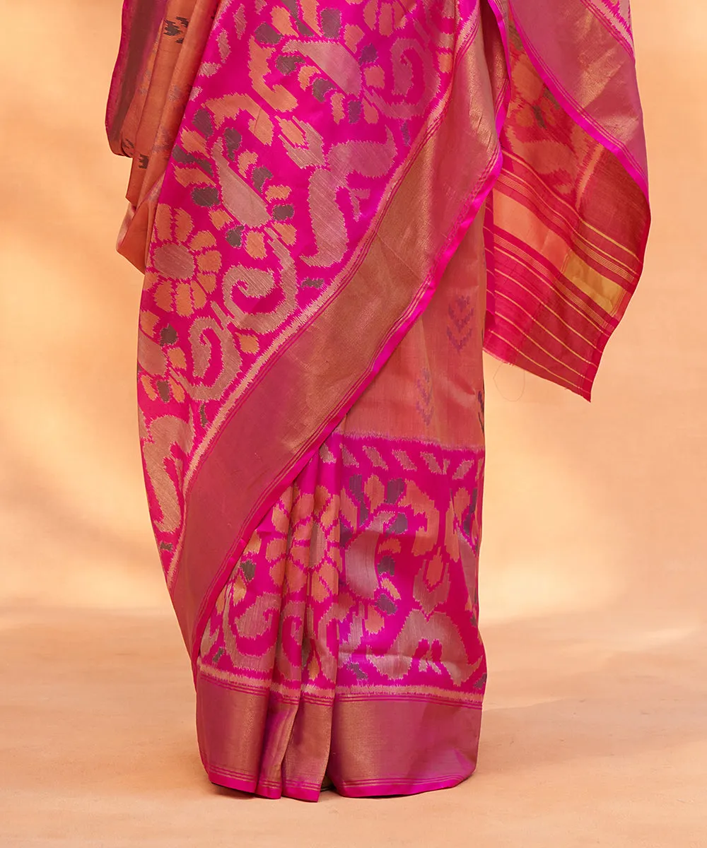 Peach And Pink Handloom Pure Mulberry Silk Ikat Patola Saree With Tissue Border