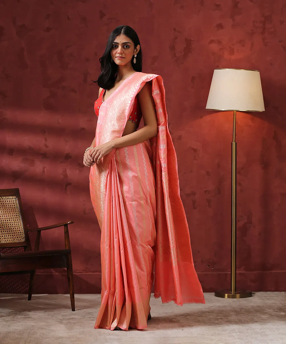 Peach Handloom Kadhwa Pure Katan Silk Banarasi Saree