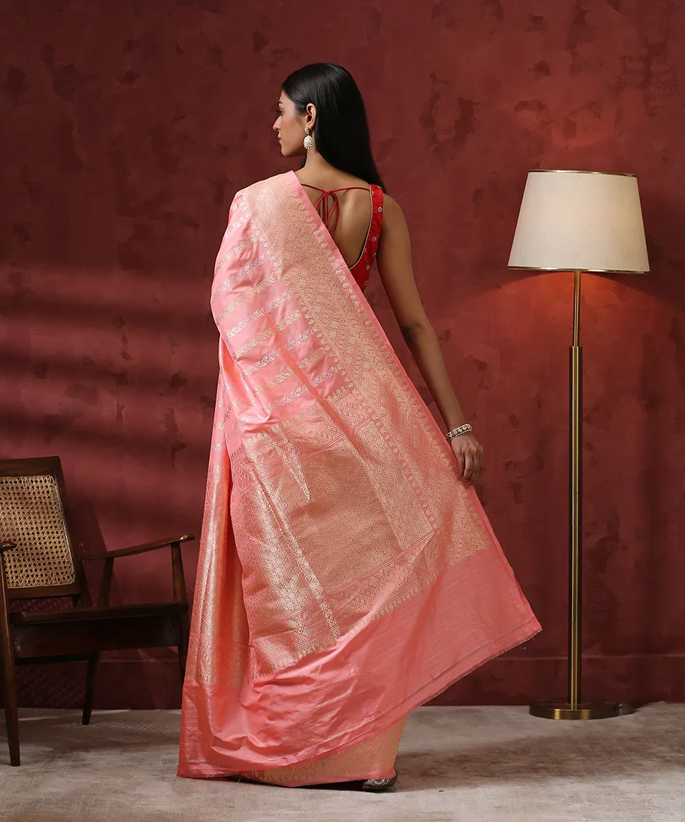 Peach Handloom Kadhwa Pure Katan Silk Banarasi Saree