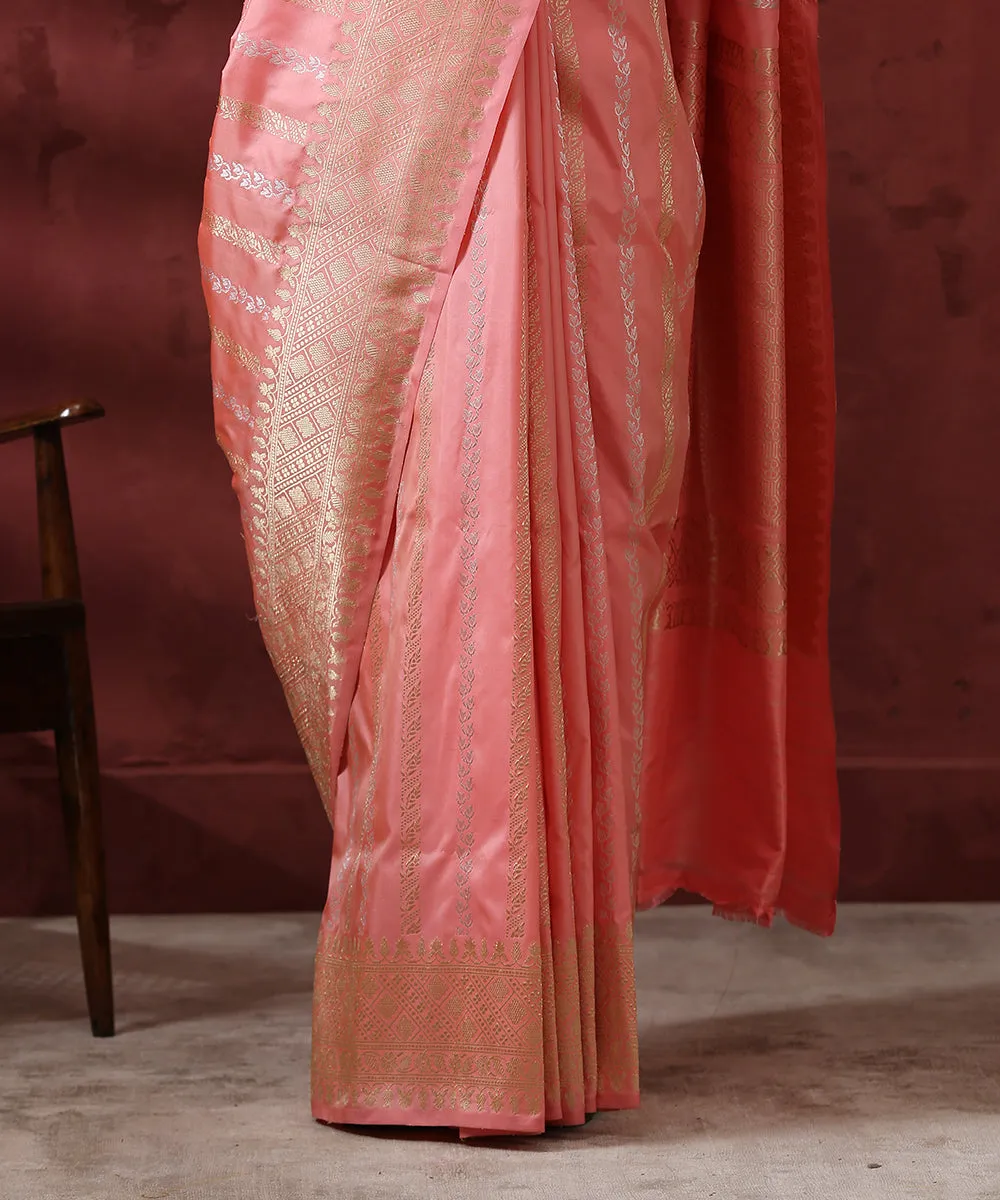 Peach Handloom Kadhwa Pure Katan Silk Banarasi Saree