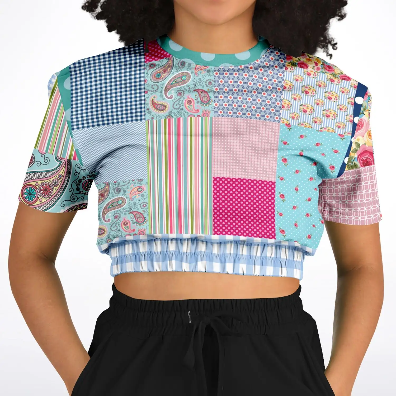 Pink Sherbert Floral Patchwork Plaid Short Sleeve Cropped Eco-Poly Sweater