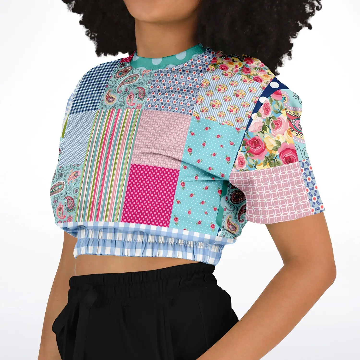 Pink Sherbert Floral Patchwork Plaid Short Sleeve Cropped Eco-Poly Sweater