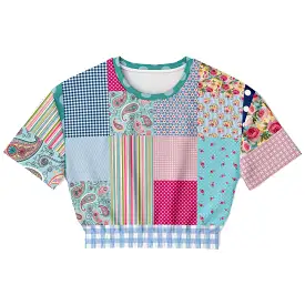 Pink Sherbert Floral Patchwork Plaid Short Sleeve Cropped Eco-Poly Sweater