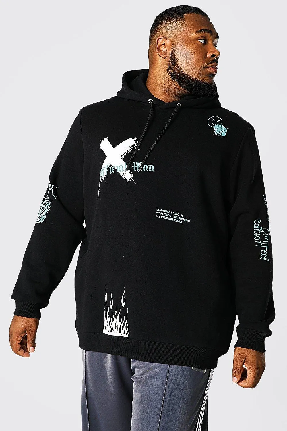 Plus Man Graffiti Print Hoodie | boohooMAN UK