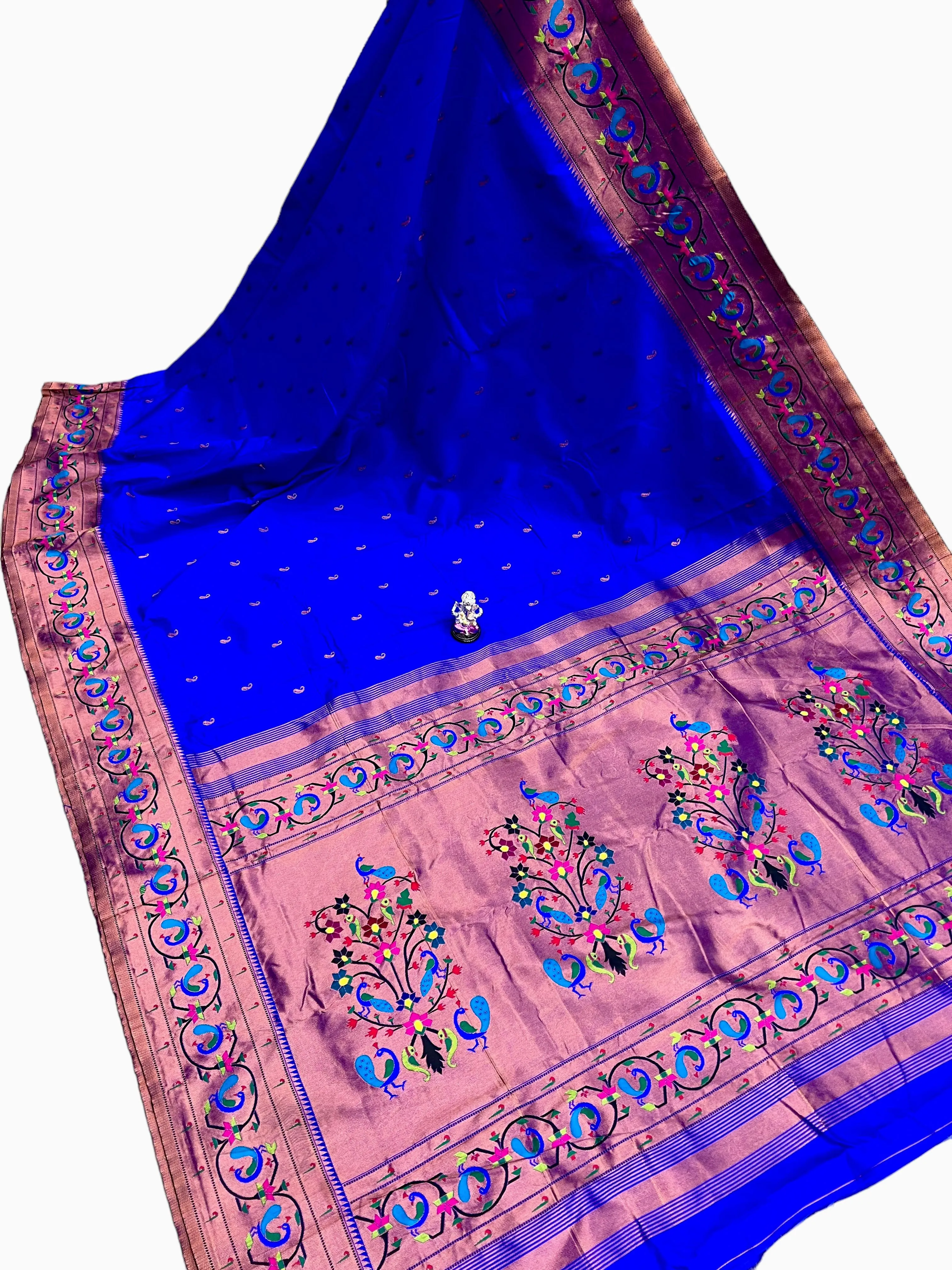 Premium banarsi katan silk paithani saree -color royal blue with golden peacock bor