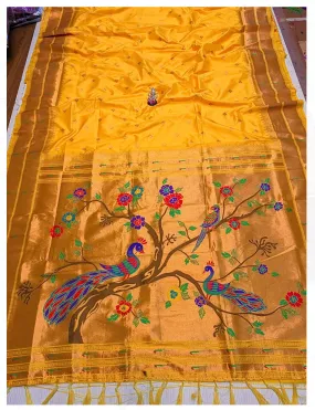 Premium double munia paithani saree  - color yellow with golden border