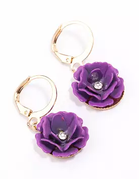 Purple Acrylic Rose Huggie Earrings