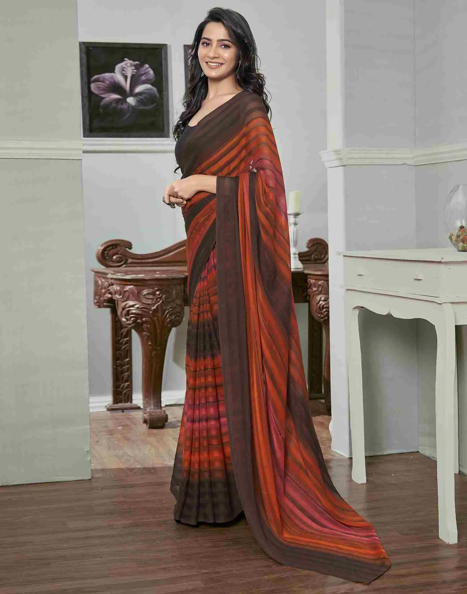 Ready To Wear Brown Georgette Printed Plain Saree