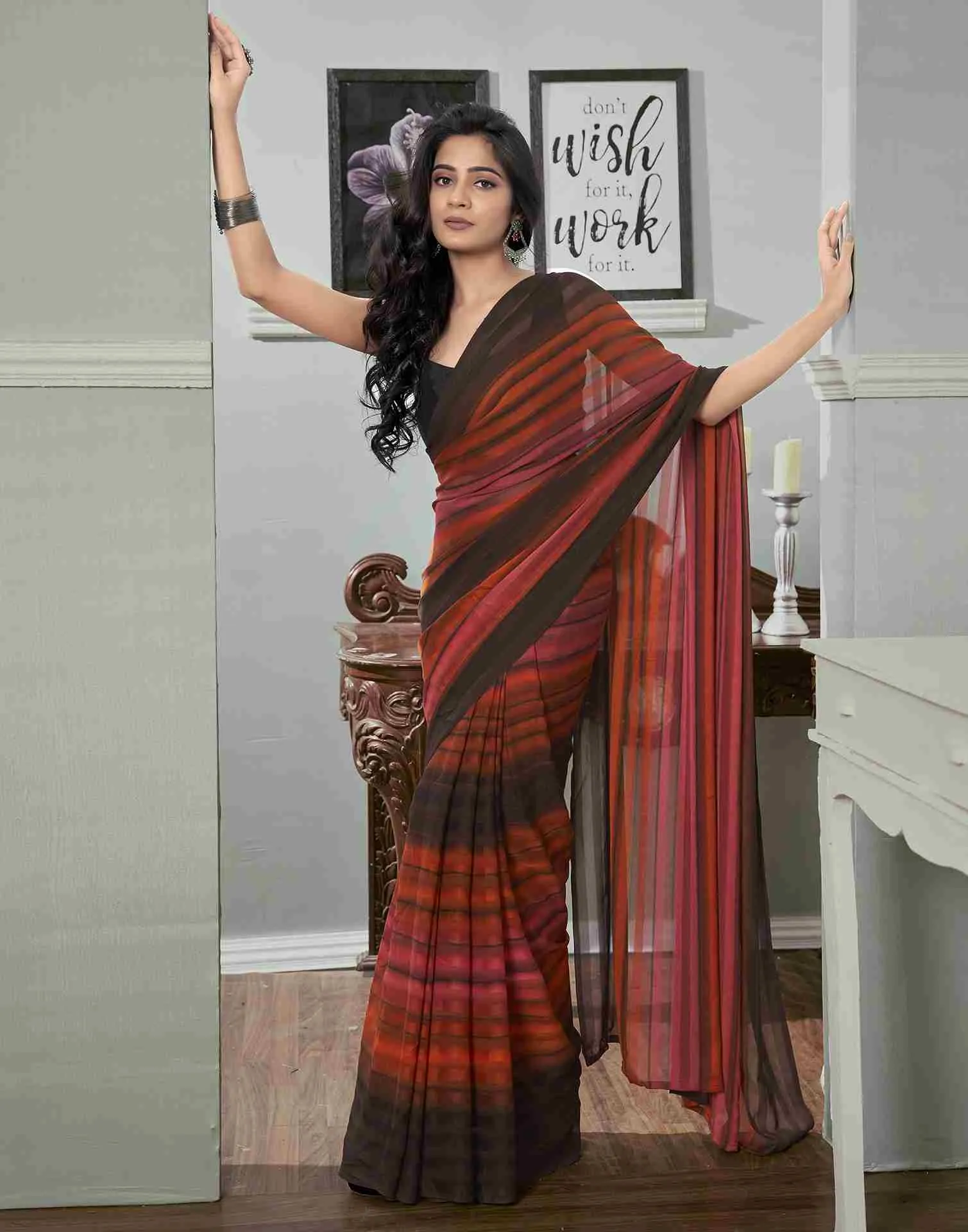 Ready To Wear Brown Georgette Printed Plain Saree