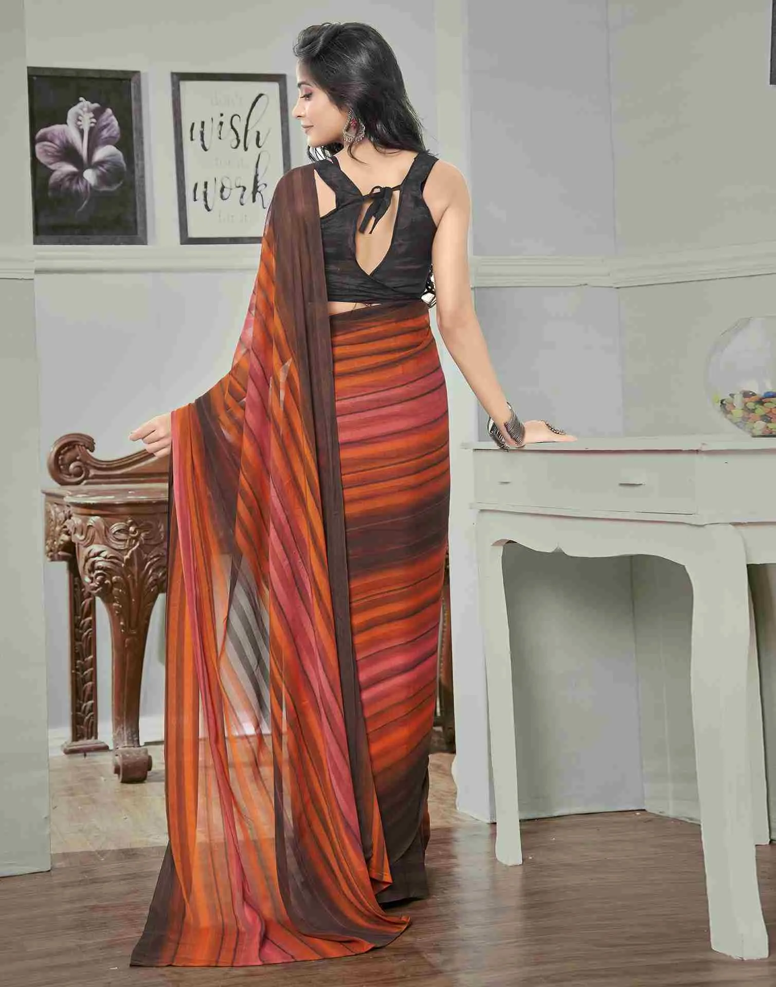 Ready To Wear Brown Georgette Printed Plain Saree