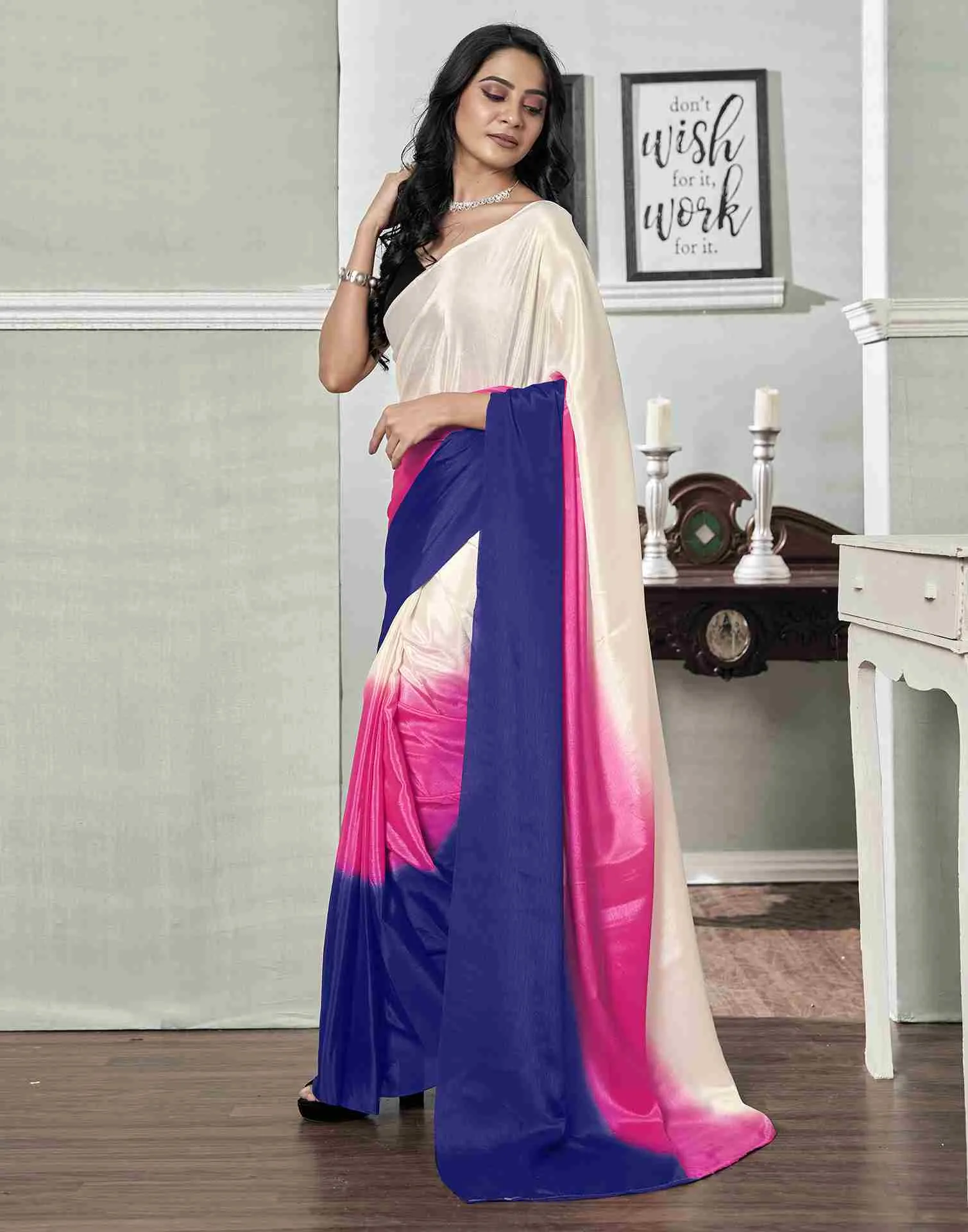 Ready To Wear Cream Chiffon Plain Saree