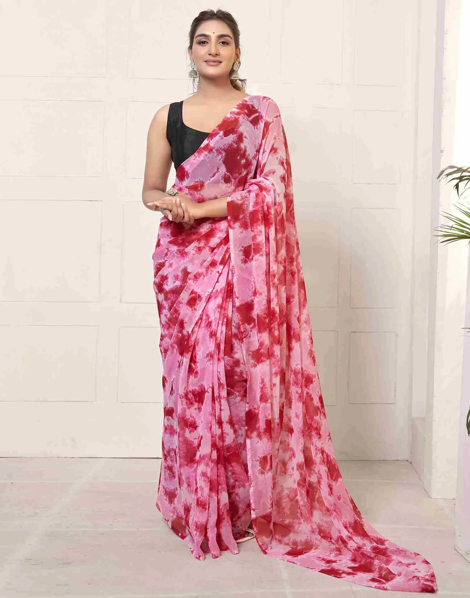 Ready To Wear Dark Pink Georgette Printed Saree