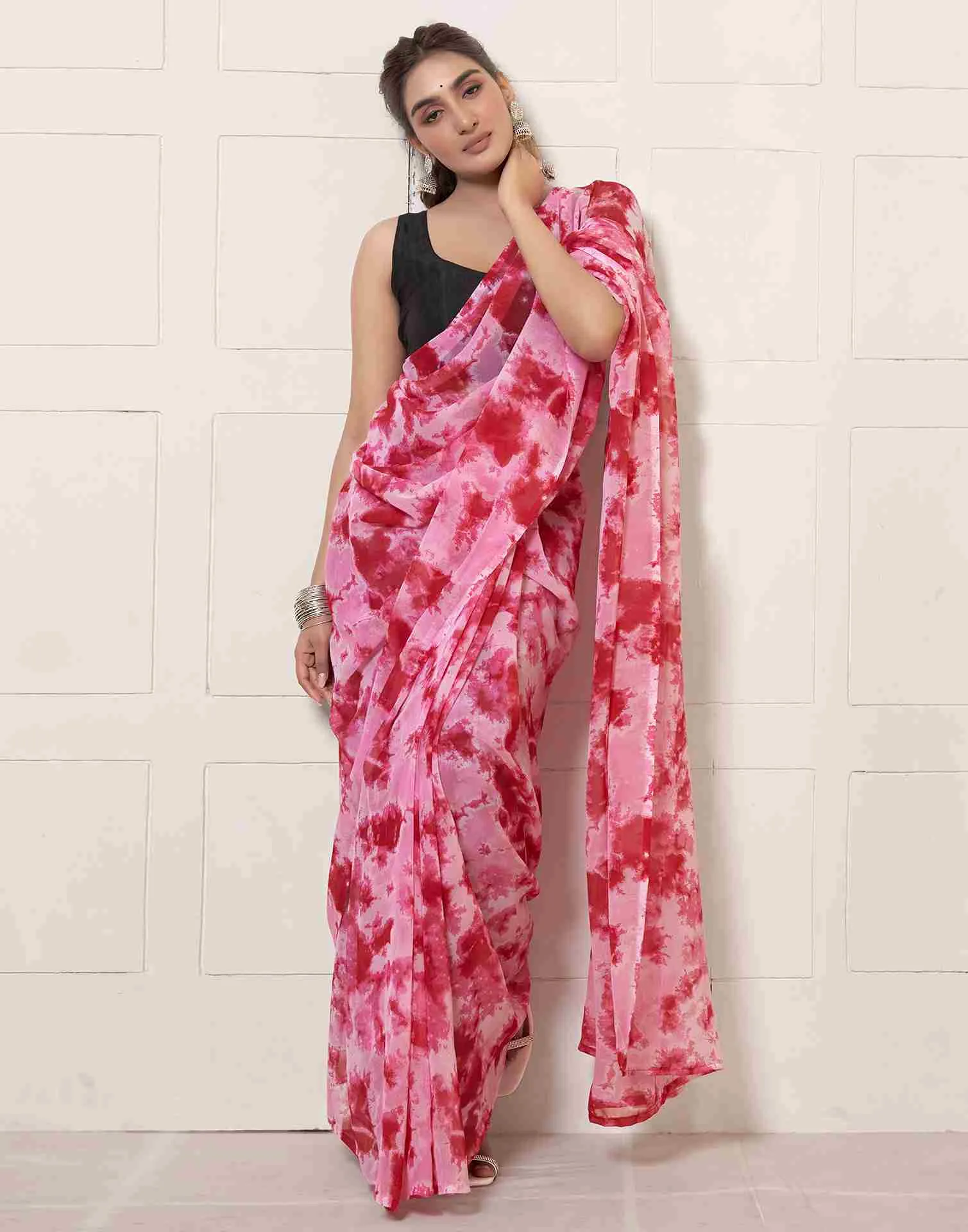 Ready To Wear Dark Pink Georgette Printed Saree