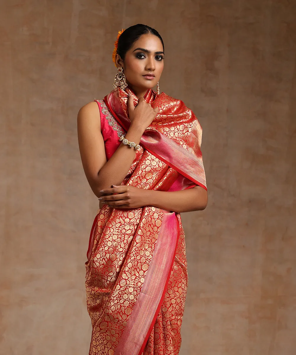 Red And Gold Handloom Pure Katan Silk Kimkhab Banarasi Saree With Orange Meenakari