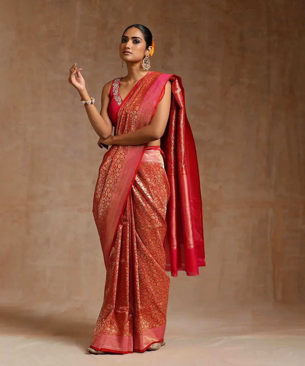 Red And Gold Handloom Pure Katan Silk Kimkhab Banarasi Saree With Orange Meenakari