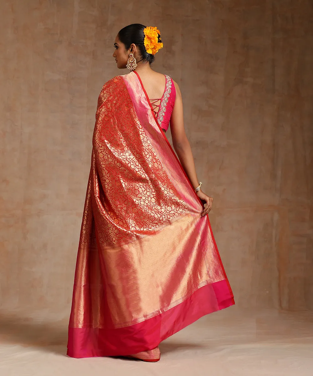 Red And Gold Handloom Pure Katan Silk Kimkhab Banarasi Saree With Orange Meenakari