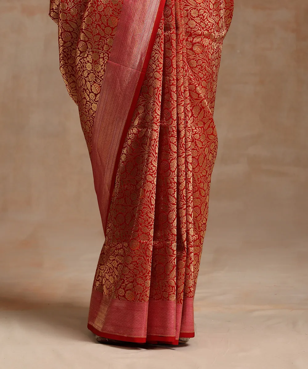 Red And Gold Handloom Pure Katan Silk Kimkhab Banarasi Saree With Orange Meenakari