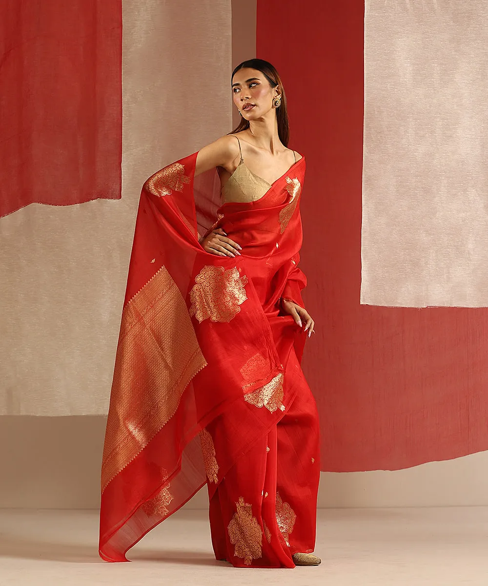 Red Handloom Pure Kora Silk Banarasi Saree With Zari Kadhwa Boota