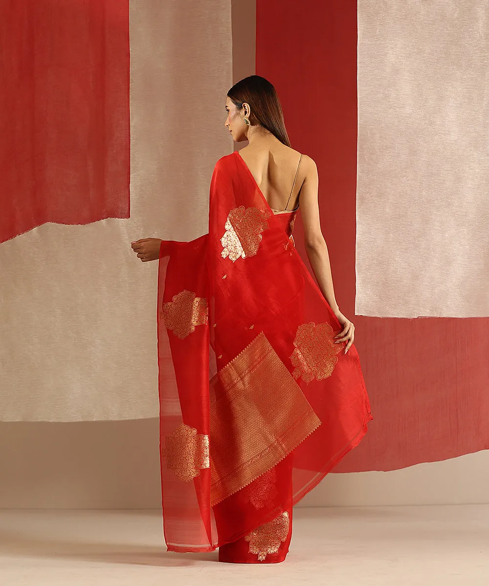 Red Handloom Pure Kora Silk Banarasi Saree With Zari Kadhwa Boota