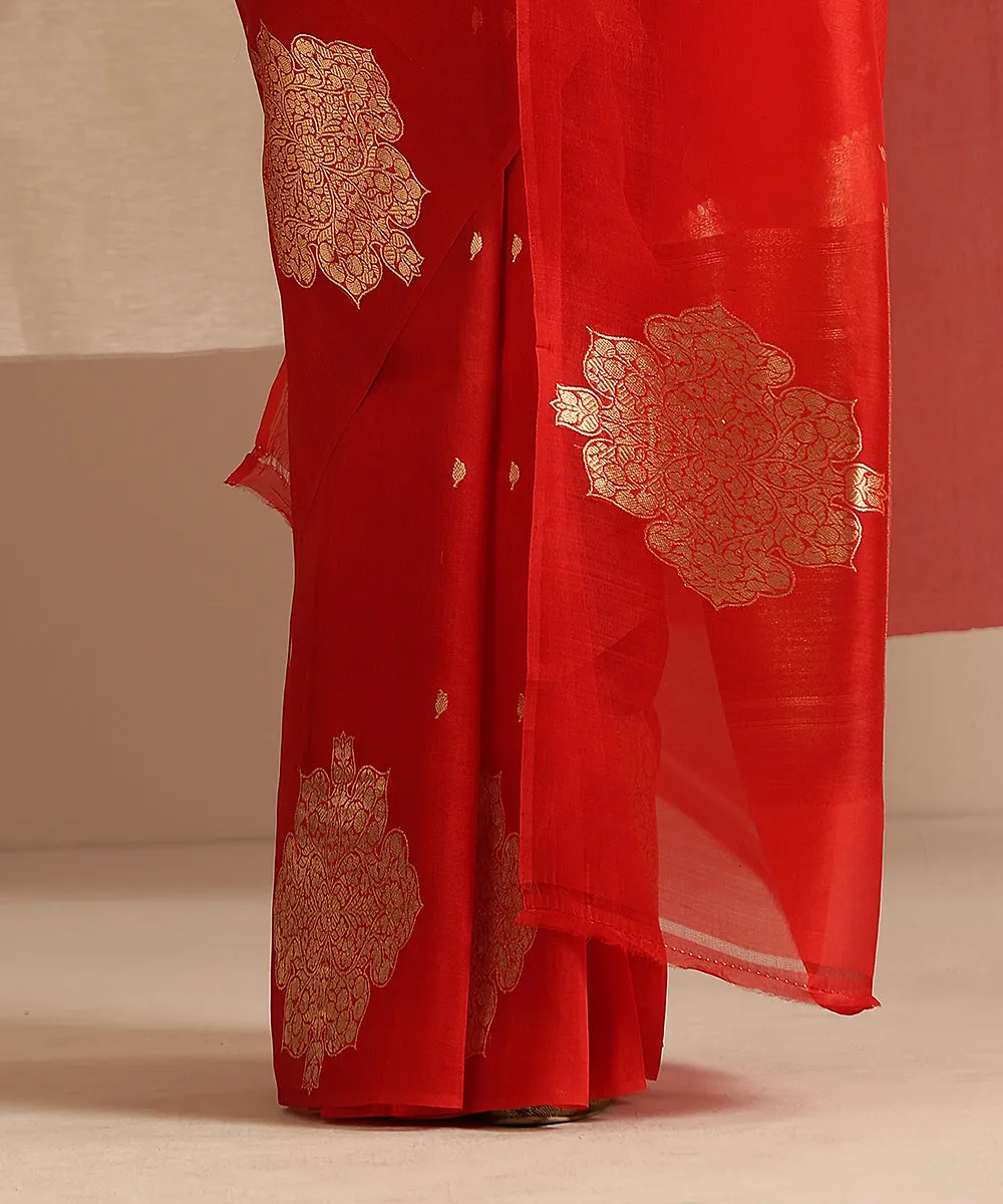 Red Handloom Pure Kora Silk Banarasi Saree With Zari Kadhwa Boota